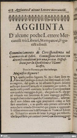 Aggiunta D´alcune poche Lettere Mercantili trà Librari, Stampatori, Figuristi e simili