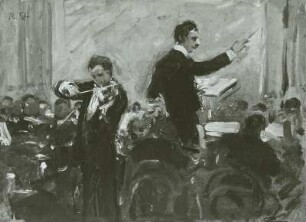 Sterl, Robert: Violinkonzert mit Mogilewski [mit dem Dirigenten Sergei Alexandrowitsch Kussewitzky]. 1910. Bezeichnet: R. St (l. o.). Öl auf Pappe; 24,1 x 30,6 cm. Dresden: Galerie Neue Meister 2856