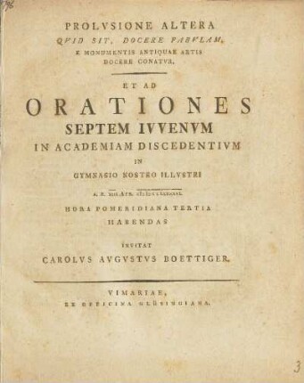1796, April: Ad Orationes ... Juvenum In Gymnasio Nostro Illustri ... Habendas Invitat