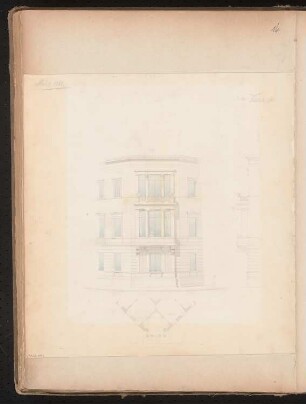 Erker Monatskonkurrenz März 1868: Grundriss, Aufriss Vorderansicht, Seitenansicht; Maßstabsleiste