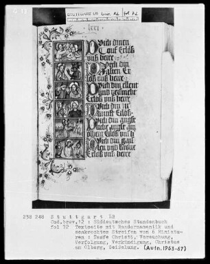 Deutsches Gebetbuch (Waldburg-Gebetbuch) — Textseite mit einem senkrechten Streifen von sechs Miniaturen, Folio 72recto