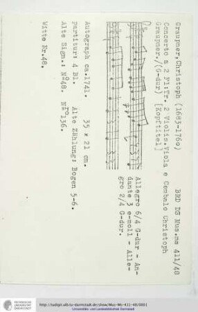 Concerto a 2 Fl: Tr. 2 Violin. Viola e Cembalo Christoph Graupner.
