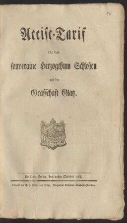 Accise-Tarif für das souveraine Herzogthum Schlesien und die Grafschaft Glatz : De Dato Berlin, den 20sten October 1788