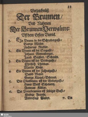 Verzeichnueß Der Brunnen und Nahmen Der BrunnenVerwaltere
