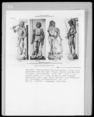 Drei Holzplastiken des Heiligen Georg, rechts der Heilige Florian
