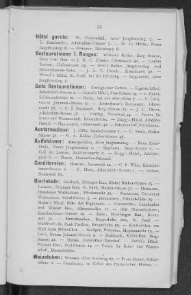 Hôtel garnis, Restaurationen 1. Ranges, Gute Restaurationen, Austernsalons, Kaffehäuser, Conditoreien, Bierlokale, Weinstuben.
