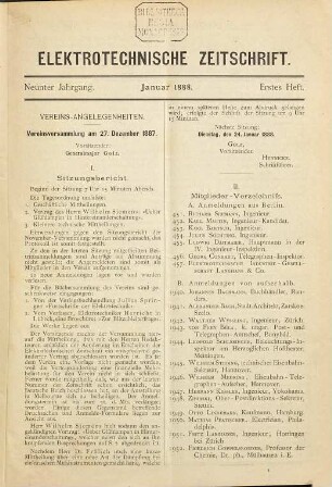 Elektrotechnische Zeitschrift : ETZ ; Organ des Verbandes Deutscher Elektrotechniker (VDE). 9. 1888