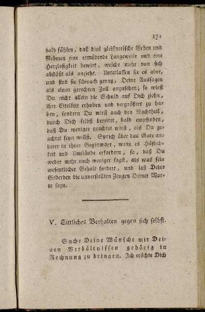 V. Sittliches Verhalten gegen sich selbst.