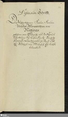 Defension-Schrifft Der Wohlgebohrnen Frauen, Frauen Ursulen Margarethen von Neitzschitz.