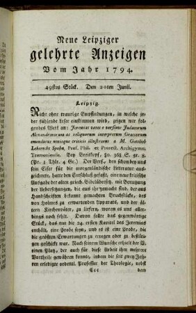 49stes Stück. Den 20ten Junii.