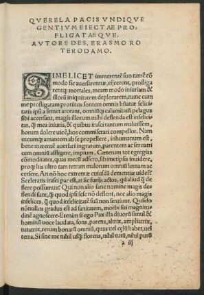 Querela Pacis Undique Gentium Eiectae Profligataeque. Autore Des. Erasmo Roterodamo.