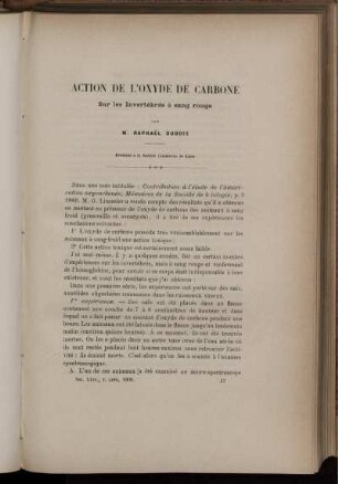 Action De L'Oxyde De Carbone Sur les Invertébrés à sang rouge