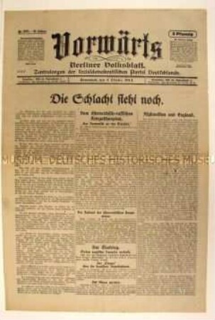 Titelblatt des Zentralorgans der SPD "Vorwärts" mit Berichten von verschiedenen Kriegsschauplätzen