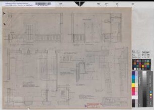 Wiederaufbau des Empfangsgebäudes [Bahnhof] Oberhausen-Sterkrade, Blatt~40: Innenausbau Gaststätte: Grundriß, Ansichten, Details, M.~1:20 und M.~1:10 und M.~1:1 Hge, Sknr.: 2, Fanr.: 7, Bunr.: 51
