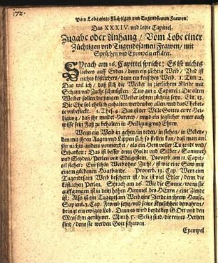 Das XXXIV. vnd letzte Capittel. Zugabe oder Anhang / Vom Lobe einer Züchtigen vnd Tugendtsamen Frawen / mit Sprüchen vnd Exempeln erkläret.