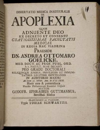 Dissertatio Medica Inauguralis De Apoplexia