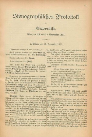 Stenographisches Protokoll der Expertise. Wien, am 23. und 25. November 1891. 2. Sitzung am 25. November 1891