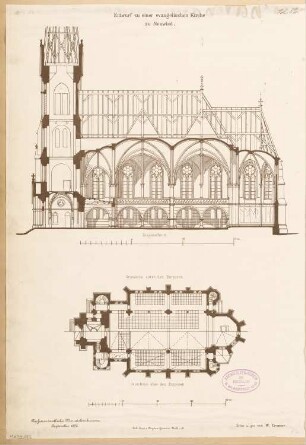 Evangelische Kirche, Neuwied Monatskonkurrenz September 1880: Grundriss Erdgeschoss, Längsschnitt; 2 Maßstabsleisten