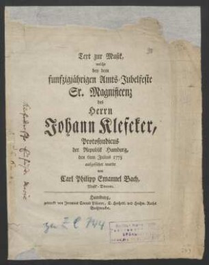 Textdruck Jubelmusik Klefeker 1775; BR-CPEB G 6