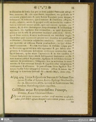 V. Ad pag. 414. Literae Responsoriae Statuum & Ordinum Terrarum Prussiae ad Literas Archi – Episcopi Gnesnensis, die 21. Decembris 1672. Lovicii ad Conventum Generalem Mariaeburgensem expeditas