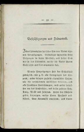 Beschäftigungen und Zeitvertreib.