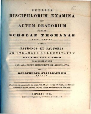 Oratio ... habita in sacris anniversariis Scholae Thomanae ... invitat. 1845, März