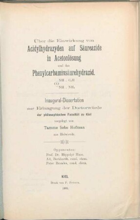 Über die Einwirkung von Acidylhydrazyden [!] auf Säureazide in Acetonlösung und das Phenylcarbaminsäurehydrazid