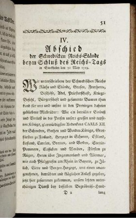 IV. Abschied der Schwedischen Reichs-Stände beym Schluß des Reichs-Tags in Stockholm den 30 May 1719.