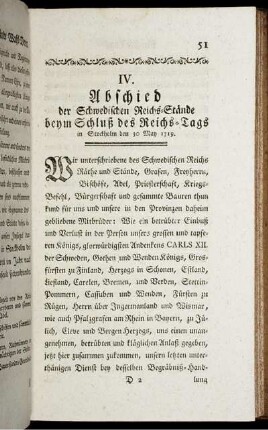 IV. Abschied der Schwedischen Reichs-Stände beym Schluß des Reichs-Tags in Stockholm den 30 May 1719.