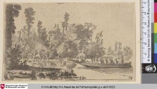 [Fähre vor einem bewaldeten Flussufer; Ferry before a wooded Riverbank]