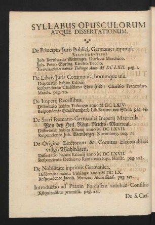 Syllabus Opusculorum Atque Dissertationum.