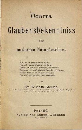 Contra : Glaubensbekenntniss eines modernen Naturforschers