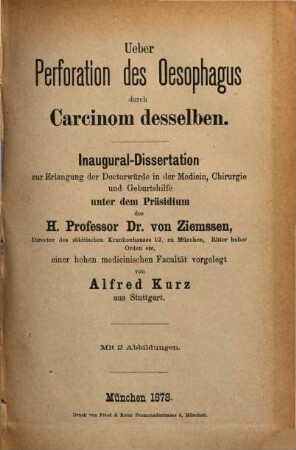 Über Perforation des Oesophagus durch Carcinom desselben : Inaug. Diss.