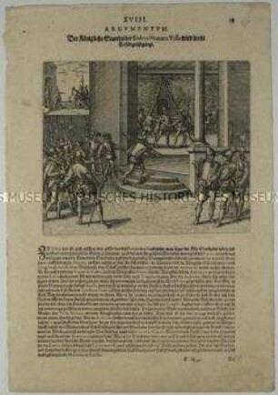 Der königliche Statthalter Blasco Nuñez Vela wird ins Gefängnis gebracht - Illustration aus de Bry, Große und Kleine Reisen (Peru XVIII/18)
