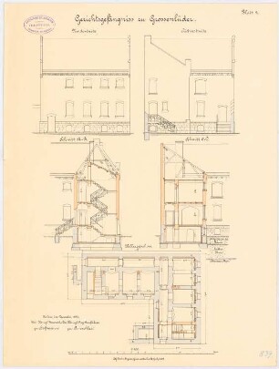 Gerichtsgefängnis, Großenlüder: Grundriss Keller, Aufriss Nordostansicht und Südwestansicht, Querschnitte 1:100