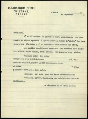 Vorstellungsbrief des Hotels "Mistras" in Sparta