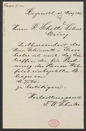 Brief an B. Schott's Söhne : 18.03.1911