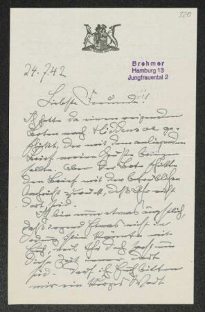Brief von Fritz Brehmer an Margarete Hauptmann