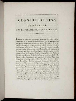Considérations Géneralies Sur La Polarisation De La Lumiére.