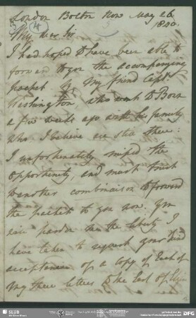 Eigenh. Brief von William Richard Hamilton an August Wilhelm von Schlegel, London, 26.05.1840