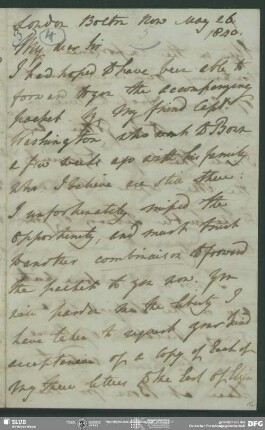 Eigenh. Brief von William Richard Hamilton an August Wilhelm von Schlegel, London, 26.05.1840
