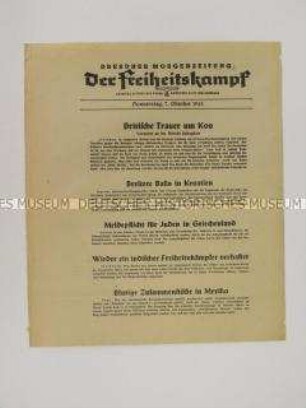Nachrichtenblatt der sächsischen NSDAP-Zeitung "Der Freiheitskampf" mit Kurzmeldungen von verschiedenen Kriegsschauplätzen u.a. über die Meldepflicht für jüdische Bürger in Griechenland