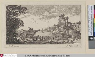 [Ein Hafen mit einer Werft im Vordergrund und Tempelruine rechts; A port; shipyard in foreground, ruins of temple right]