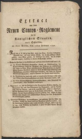 Extract aus dem Neuen Canton-Reglement für die Königlichen Staaten excl. Schlesien : de Dato Berlin, den 12ten Februar 1792