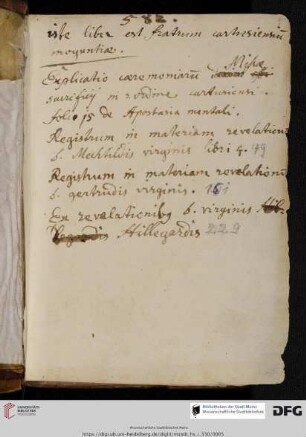 Besitzvermerk (s. oben) und Inhaltsverzeichnis der Hs. (18. Jh.)