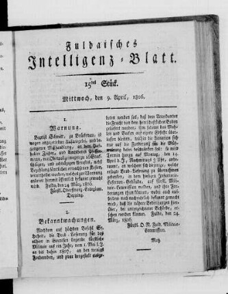 15tes Stück, Ausgabe vom 9. April 1806
