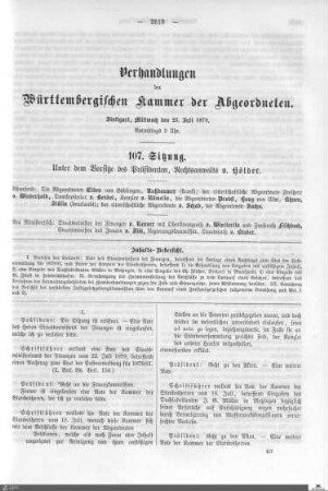 107. Sitzung, Stuttgart, 23.7.1879