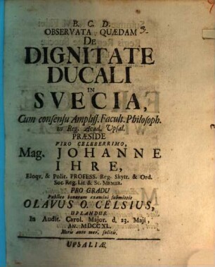 Observata quaedam de dignitate ducali in Suecia