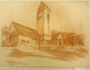 [Kirche mit Turm auf einer Anhöhe]