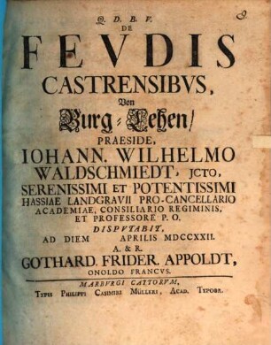 De Fevdis Castrensibvs : = Von Burg-Lehen